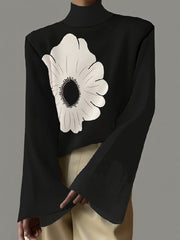 Flared Sleeves Flower Print High-Neck T-Shirts Tops