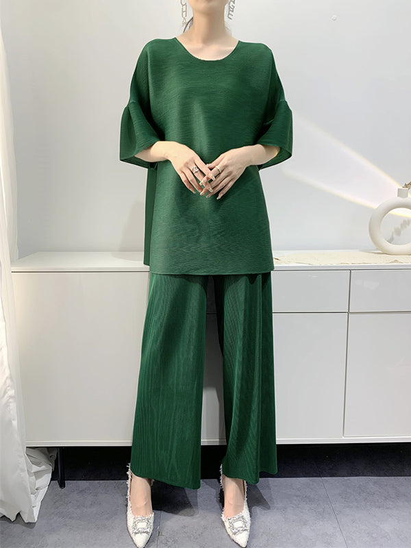 Elastics Pleated Solid Color Short Sleeves Wide Leg Round-neck Two Pieces Set