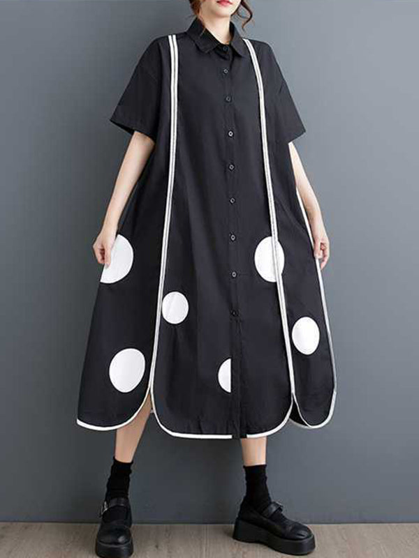 Buttoned Pockets Polka-Dot Split-Front Split-Joint A-Line Half Sleeves Lapel Shirt Dress Midi Dresses
