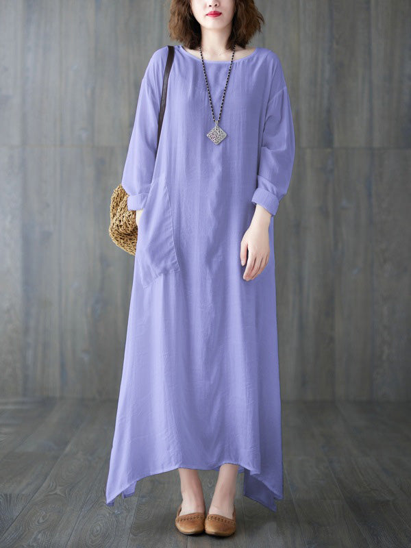 Casual Long Sleeves Loose Solid Color Round-Neck Maxi Dresses