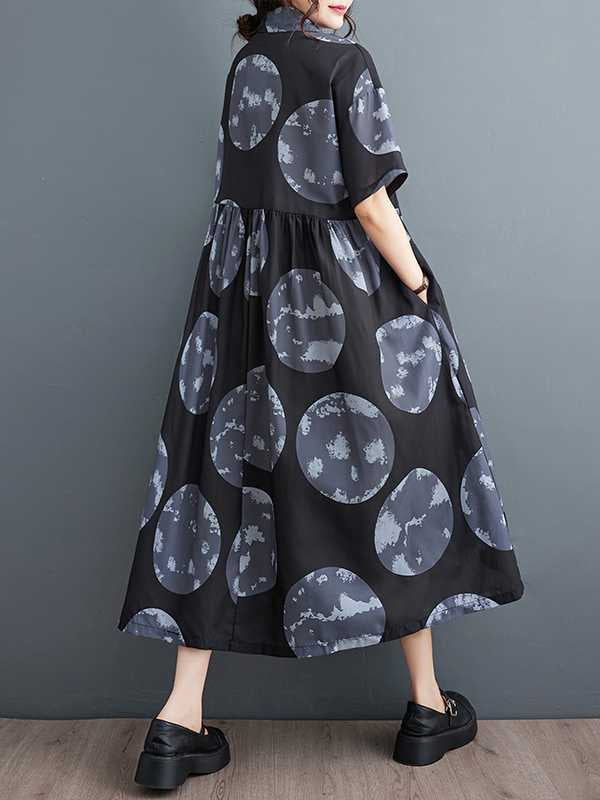 Polka-Dot Loose Short Sleeves Lapel Collar Midi Dresses