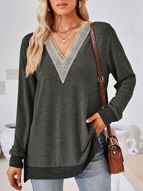 Hollow Split-Joint Split-Side Long Sleeves Loose V-Neck T-Shirts Tops