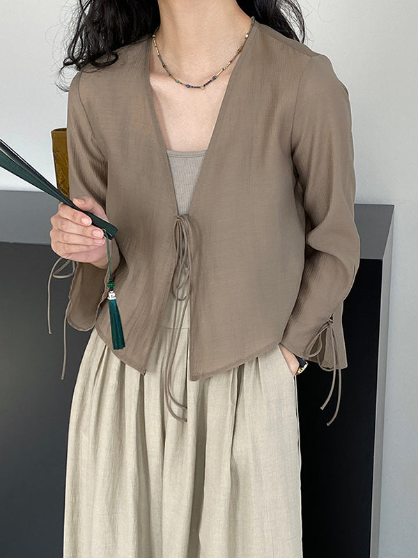 Long Sleeves Lace-Up See-Through Solid Color Blouses&Shirts Tops