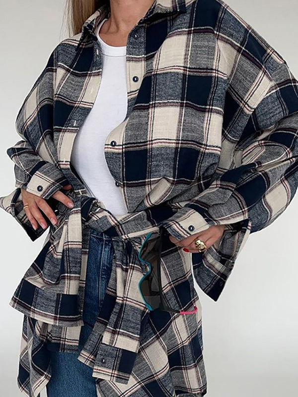 Plaid Split-Joint Long Sleeves Loose Lapel Blouses&Shirts Tops