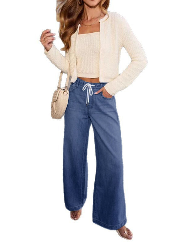 Drawstring Elasticity Split-Joint High Waisted Loose Jean Pants Bottoms