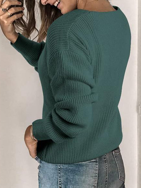 Solid Color Long Sleeves Loose V-Neck Sweater Tops Pullovers