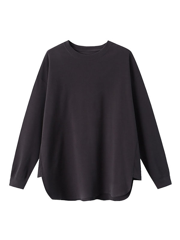 Casual Long Sleeves Loose Solid Color Round-Neck T-Shirts Tops