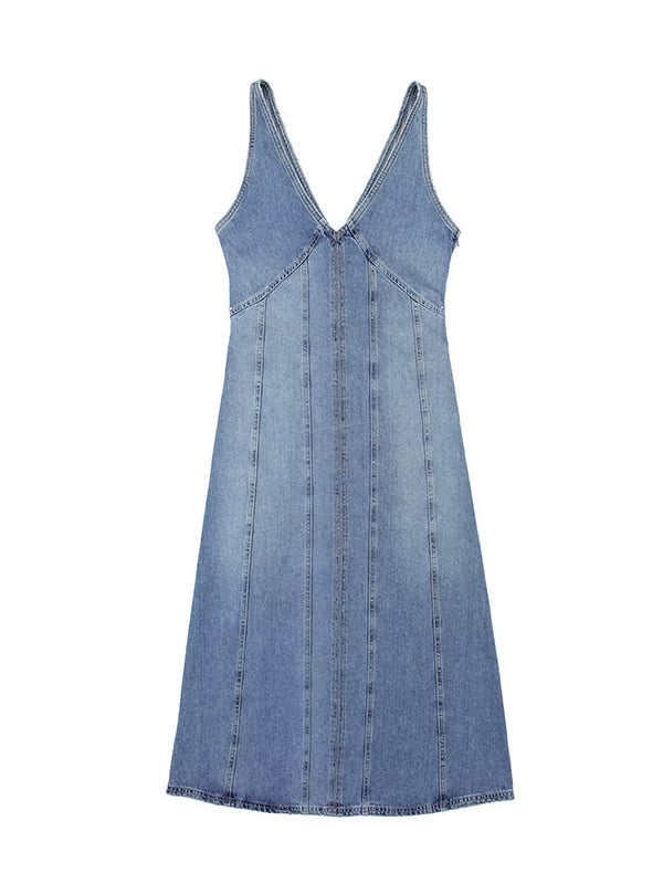 Split-Joint Sleeveless V-Neck Midi Dresses