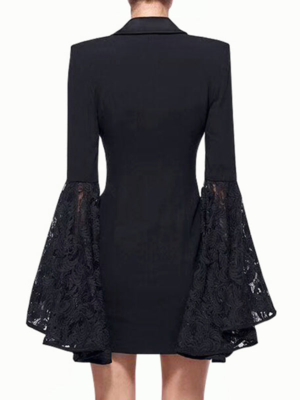 Asymmetric Buttoned Solid Color Split-Joint Flared Sleeves Long Sleeves Notched Collar Outerwear Blazer