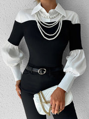 Long Sleeves Loose Buttoned Contrast Color Pleated Split-Joint Lapel Blouses&Shirts Tops