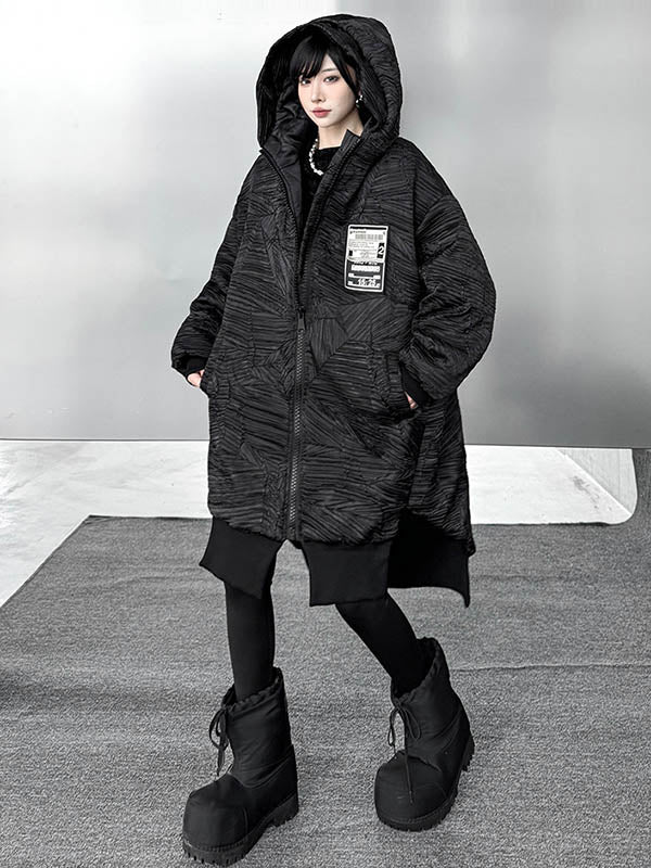 Abstract Printed Contrast Color Split-Joint Zipper High-Low Irregularity Hooded Overcoat Outerwear
