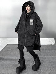 Abstract Printed Contrast Color Split-Joint Zipper High-Low Irregularity Hooded Overcoat Outerwear