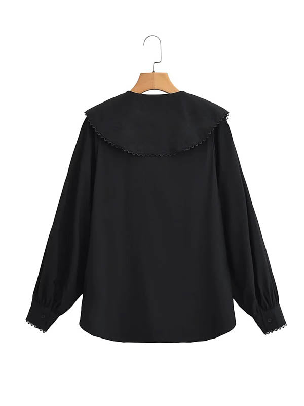 Pleated See-Through Solid Color Split-Joint Loose Puff Sleeves Peter Pan Collar Blouses&Shirts Tops
