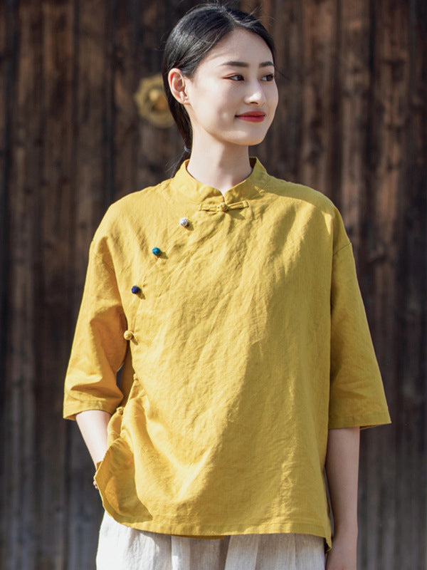 Artistic Retro Loose Half Sleeves Buttoned Contrast Color Stand Collar Blouses&Shirts Tops