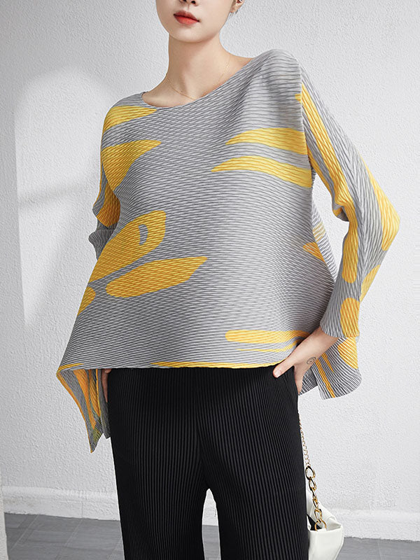 Casual Irregularity Loose Printed Pleated Round-Neck T-Shirts Tops