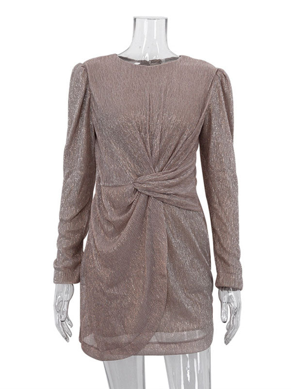 Knot Shiny Solid Color Zipper Bodycon High Waisted Round-Neck Mini Dresses