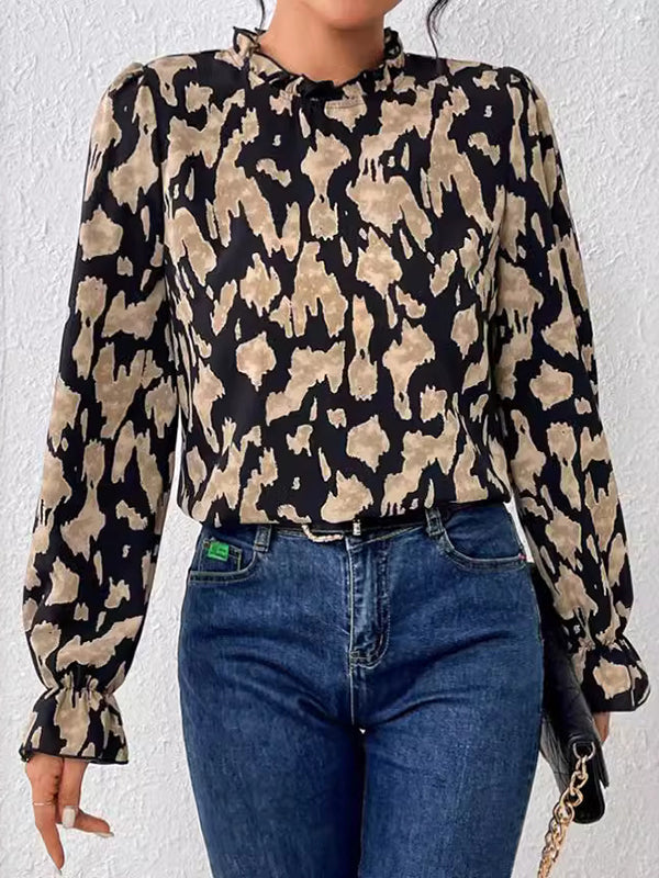 Elasticity Hollow Leopard Flared Sleeves Long Sleeves Mock Neck Blouses&Shirts Tops