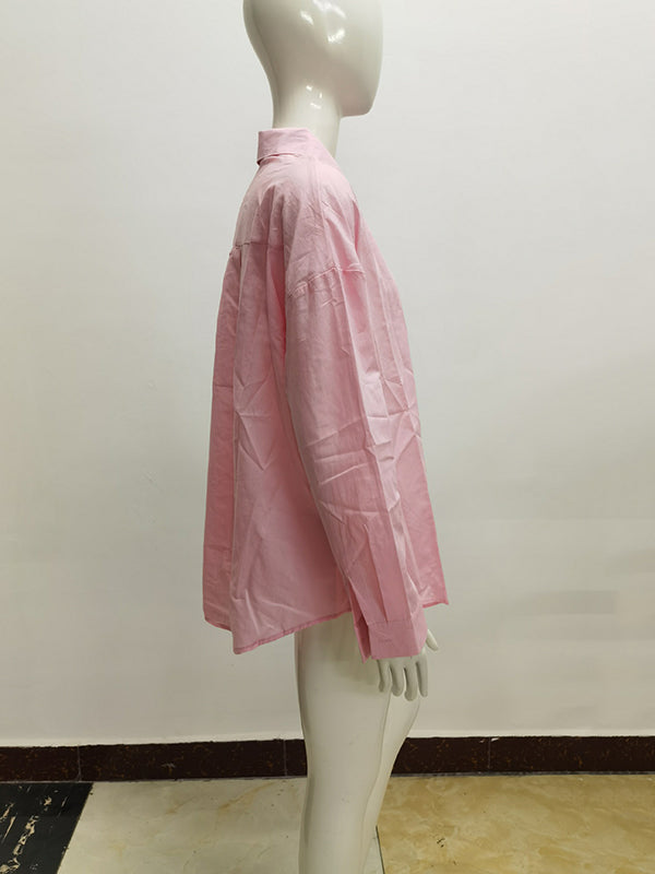 Buttoned Solid Color Long Sleeves Loose Lapel Blouses&Shirts Tops
