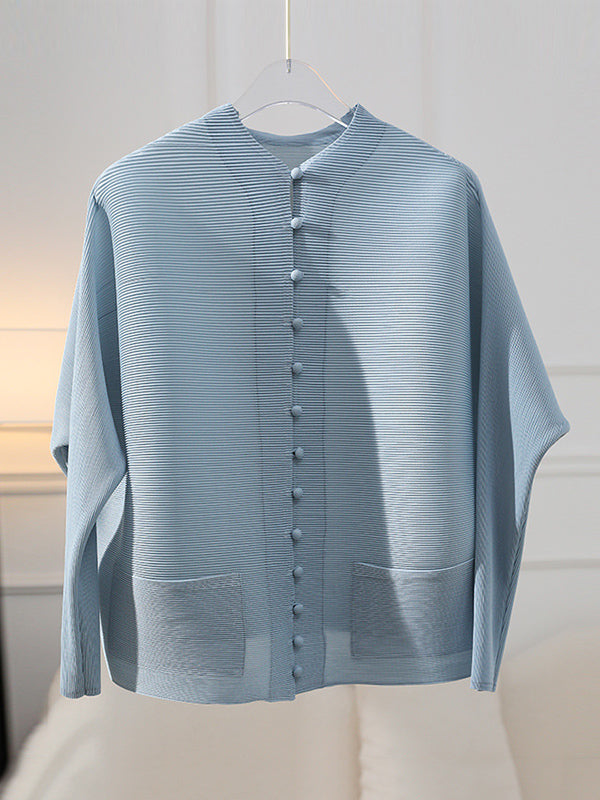 Buttoned Pleated Pockets Solid Color Long Sleeves Loose Round-Neck Outerwear