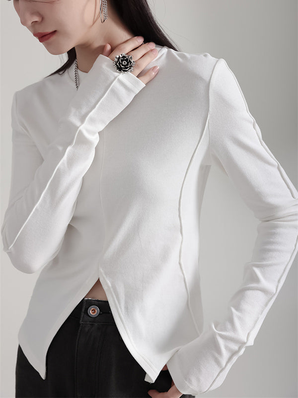 Solid Color Split-front Long Sleeves Skinny Round-neck T-Shirts Tops