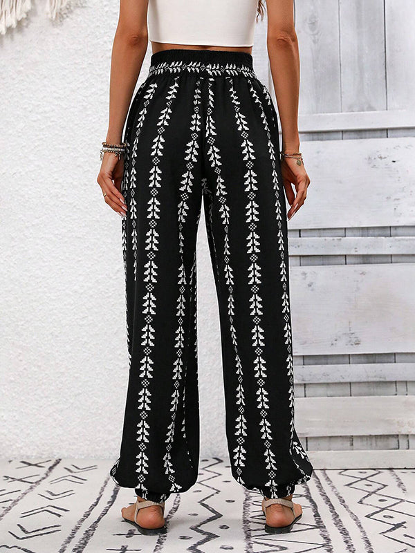 Drawstring Elasticity Pleated Printed High Waisted Loose Trousers Pants Knickerbockers