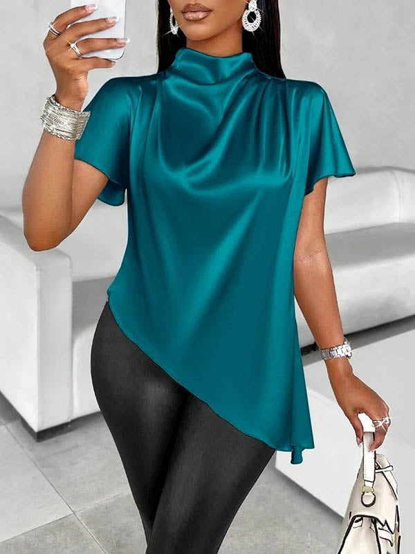 Asymmetric Solid Color Loose Short Sleeves Mock Neck Blouses&Shirts Tops