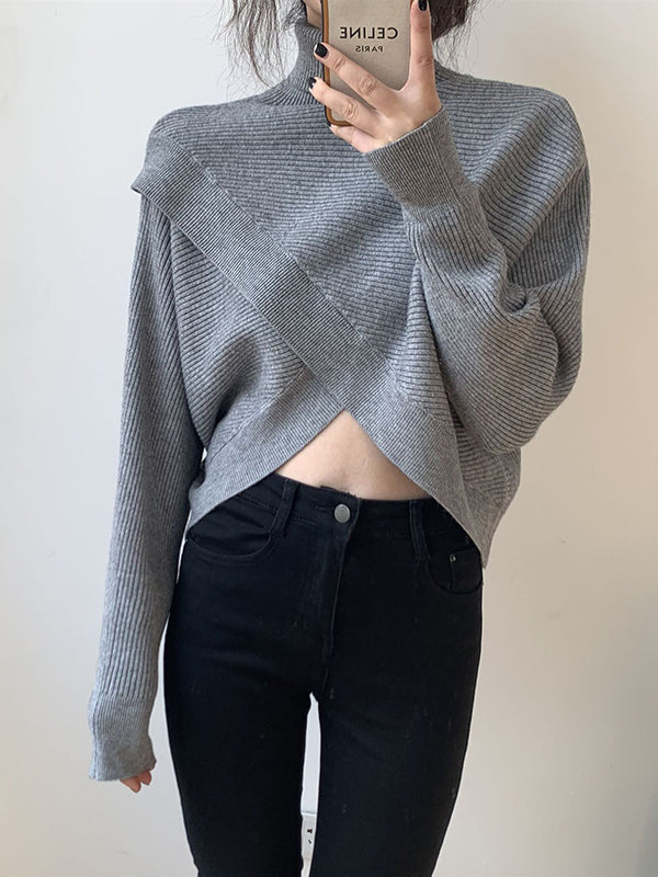 Asymmetric Solid Color Split-Front Long Sleeves High-Neck Sweater Pullovers Knitwear