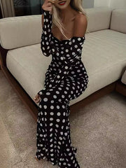 Pleated Polka-Dot Split-Joint Long Sleeves Skinny Tube Maxi Dresses