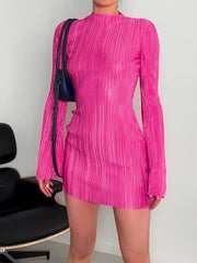 Pleated Solid Color Bodycon Flared Sleeves Mock Neck Mini Dresses