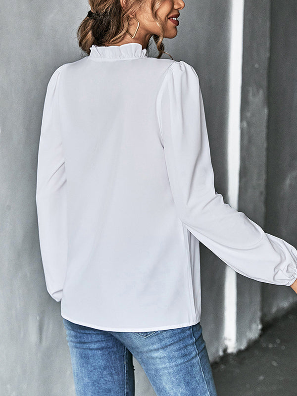 Ruffled Solid Color Long Sleeves Loose V-Neck Blouses&Shirts Tops