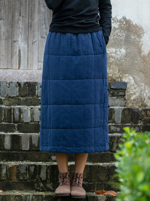 Cotton-Padded Clothes Keep Warm Quilted Solid Color Split-Joint Velvet Loose Skirts Bottoms