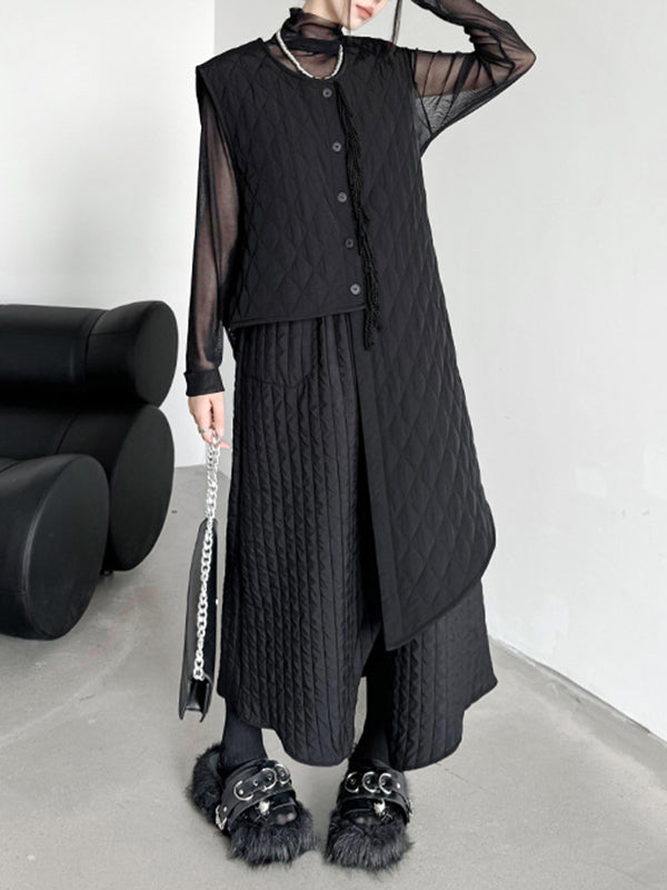 Asymmetric Buttoned Quilted Solid Color Tasseled Loose Sleeveless U-neck Padded Vest