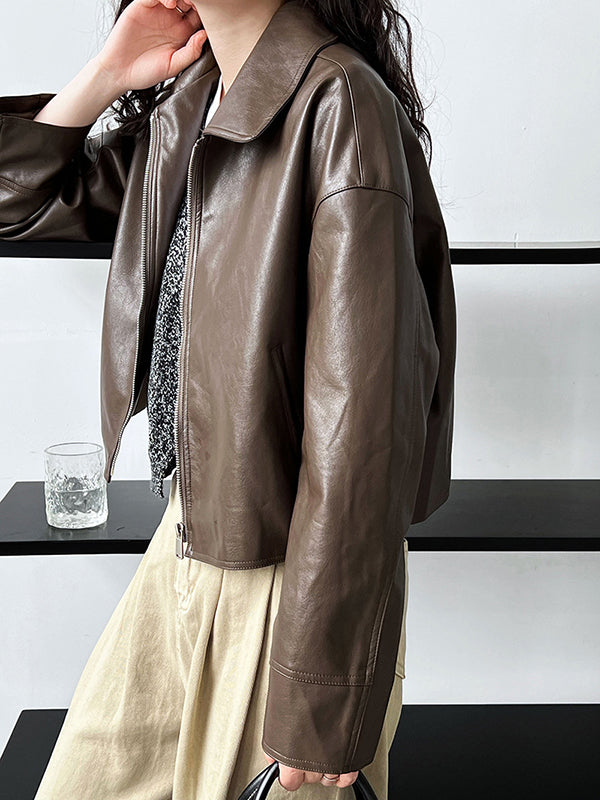 Solid Color Zipper Long Sleeves Loose Lapel Collar Outerwear Jackets&Coats
