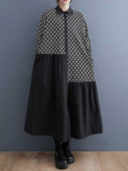 Asymmetric Buttoned Pleated Printed Split-Joint A-Line Long Sleeves Lapel Midi Dresses