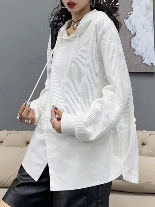 Drawstring Split-front Split-Joint Hooded Long Sleeves Hoodies Tops