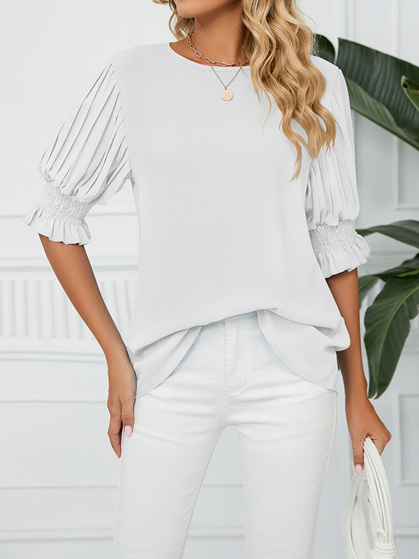 Pleated Solid Color Loose Puff Sleeves Round-Neck T-Shirts Tops