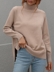 Solid Color Split-Side High-Low Long Sleeves High Neck Sweater Tops Pullovers