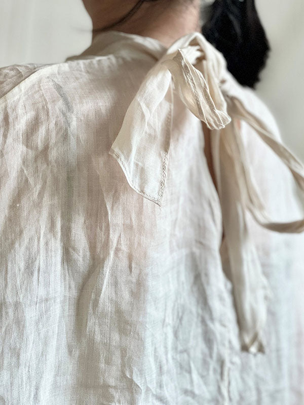 Lace-Up See-Through Solid Color Batwing Sleeves Loose Stand Collar Shirts Tops