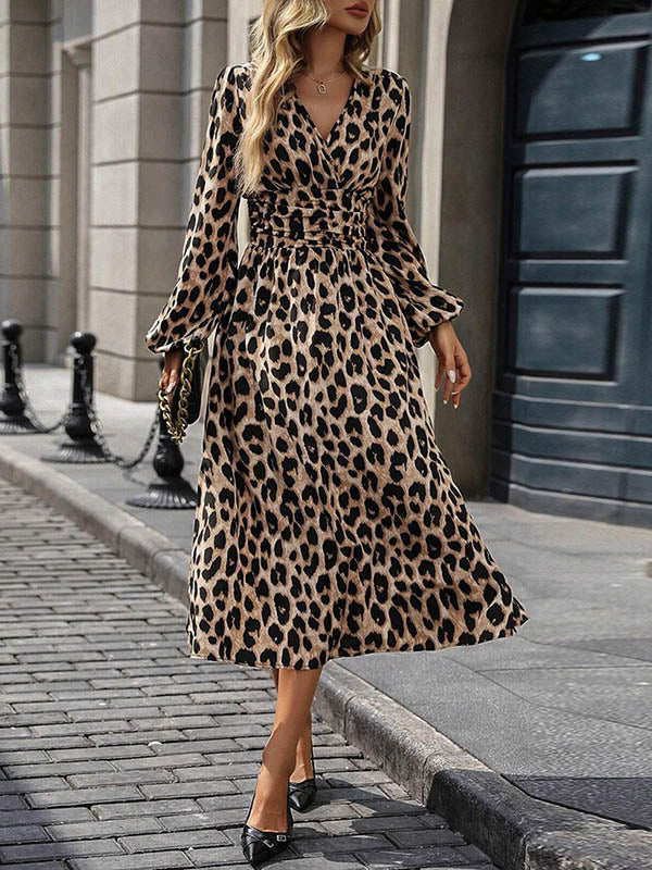 Contrast Color Leopard Pleated Split-Joint Elasticated Waist High Waisted V-Neck Maxi Dresses