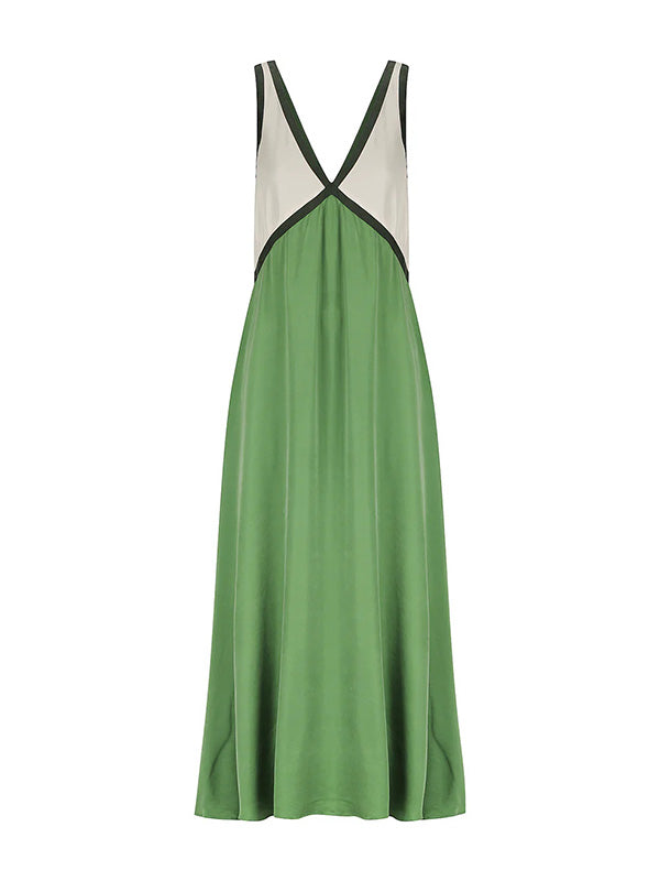 Contrast Color Split-Joint Loose Sleeveless Deep V-Neck Maxi Dresses