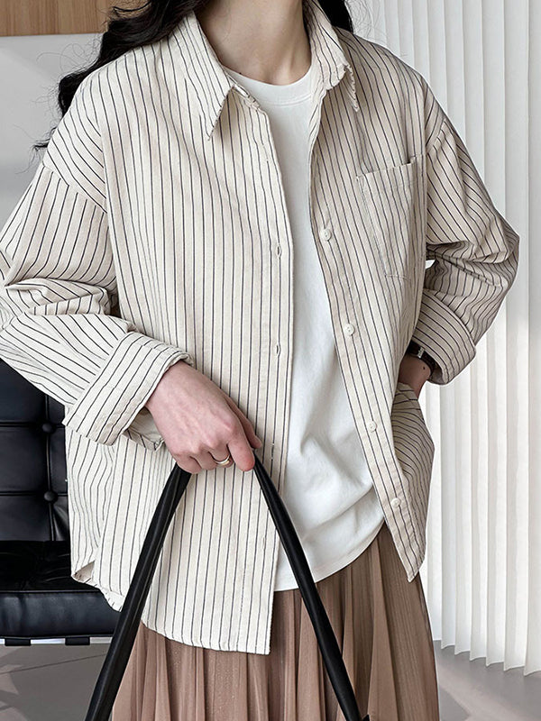 Buttoned Pockets Striped Long Sleeves Loose Lapel Blouses&Shirts Tops