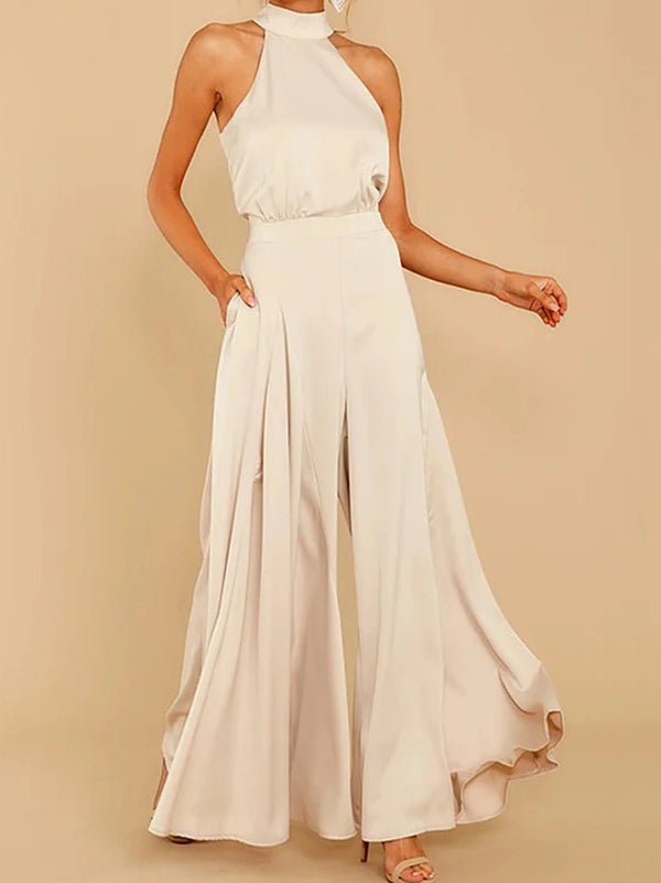 Pockets Solid Color Tied Zipper Loose Sleeveless Halter-Neck Jumpsuits