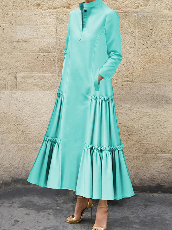 Buttoned Layered Pleated Pockets Ruffled Solid Color Split-Joint A-Line Long Sleeves Stand Collar Maxi Dresses