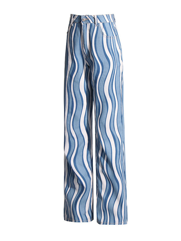 Split-Joint Striped Patterns High Waisted Loose Jean Pants Bottoms