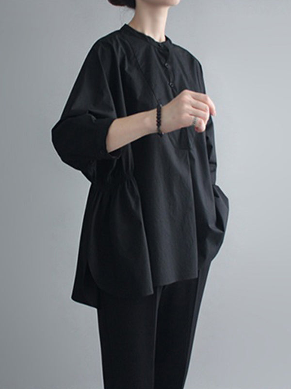 Simple Loose Round-Neck White Black Blouse