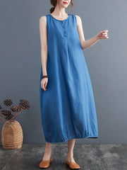 Simple Denim Blue Round-Neck Buttoned Sleeveless Midi Dress