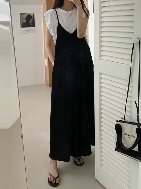 Solid Color Wide Leg Spaghetti-Neck Overalls
