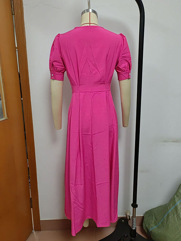 Buttoned Solid Color Puff Sleeves Short Sleeves Round-Neck Shirt Dress Midi Dresses