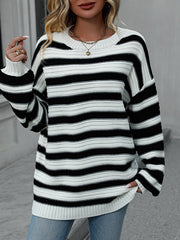 Striped Long Sleeves Loose Round-Neck Sweater Tops Pullovers