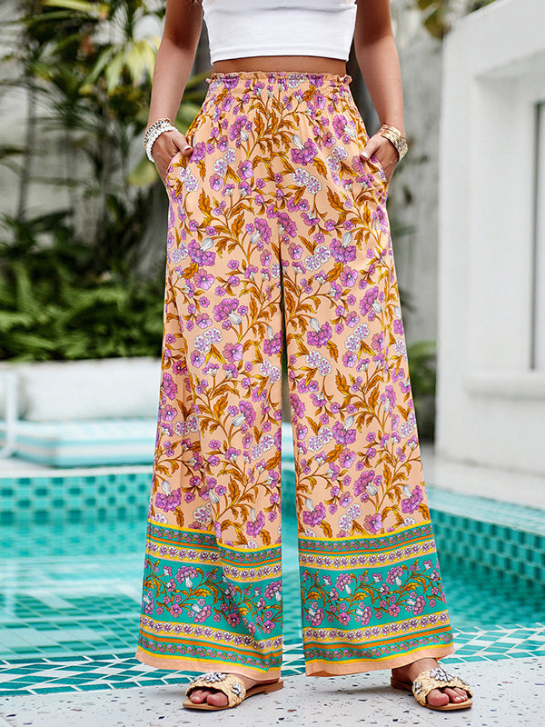 Elasticity Flower Print Pleated Pockets High Waisted Loose Trousers Pants